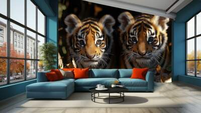 Two Tiger Cubs Hiding in the Undergrowth Wall mural