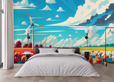 colorful tulip field with windmill Wall mural