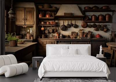 A rustic kitchen displaying wooden cabinets, a farmhouse sink, and antique utensils hanging from wrought-iron hooks. Wall mural