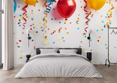 colorful balloons floating and multi color confetti paper on white wall for celebration party or birthday party banner background with copy space Wall mural