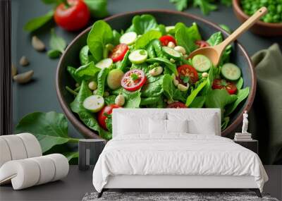 Fresh green salad with cherry tomatoes and cucumbers prepared in a rustic bowl Wall mural