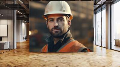 Male construction worker in helmet at construction site Wall mural