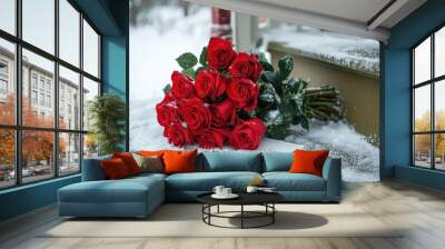 A bouquet of deep red roses with a note on freshly shoveled porch steps Wall mural