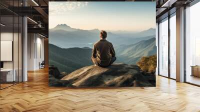 A person sits on a rocky cliff, gazing at a distant mountain range. The serene landscape inspires contemplation and reflection. A peaceful and majestic view that evokes tranquility and wanderlust. Wall mural