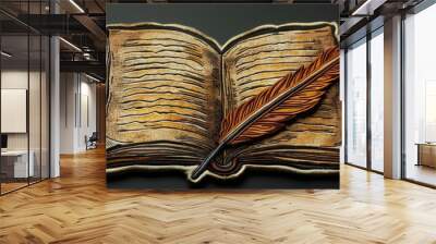 An inviting image of an open book on aged parchment, with a finely crafted quill and patch design. Warm colors and intricate details celebrate the joy of storytelling and the world of literature. A s Wall mural