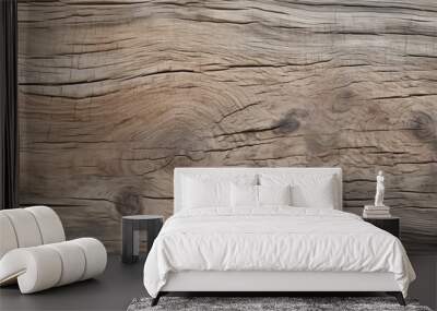 Close-up shot of weathered wooden plank showcasing intricate grain patterns, knots, and textured surface. The rustic and aged wood exudes a vintage charm, with detailed patterns and natural textures. Wall mural