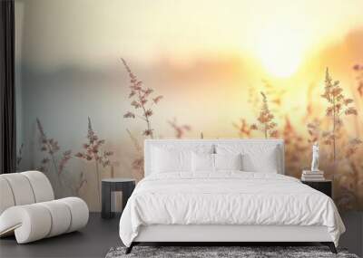 Misty morning sun rises over blooming field Wall mural