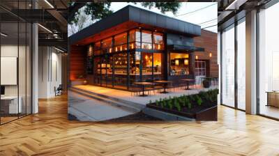 Modern coffeehouse facade with sharp lines and sleek design enhanced by inviting decor Wall mural