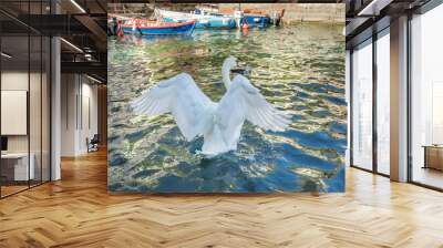 Idyllic Limone sul Garda pier with Swan at summer, Italian alps Wall mural