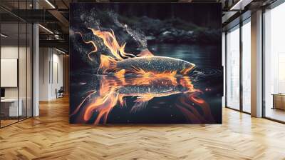 salmon in the stream. drawing of spawning fireworks in a stream. Generative AI Wall mural