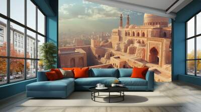 Ancient historical Arab city landscape  in desert with  traditional houses and antique castle Wall mural