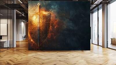 fantasy knight  shield with fire sword isolated on dark grunge background with copy space for text, Medieval period concept Wall mural