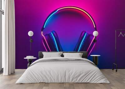 futuristic Glowing retro vibrant neon lights headphone for  virtual media, streaming and competition isolated on neon color background  Wall mural