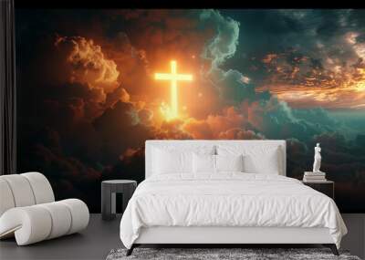 Giant Jesus Christ holly cross glowing above clouds during night, concept of hope  Wall mural