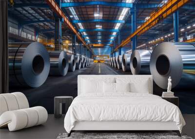 grey aluminum rolls in production line row inside manufacturing factory warehouse Wall mural