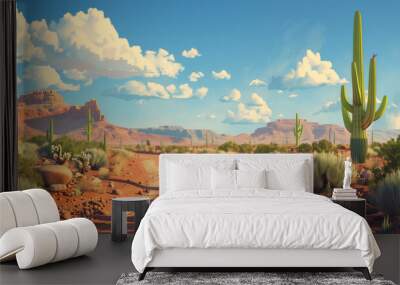 illustration of cartoon desert landscape with road ,cactuses and rocks , hot sand desert with orange rocky mountains and cloudy sky. western american Summer landscape Wall mural