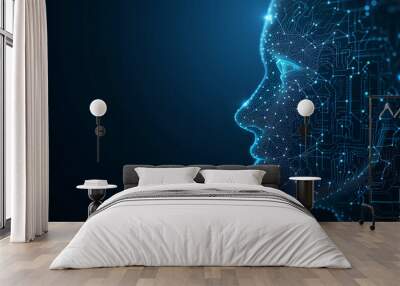 Machine learning and cyber Digital mind face of female, Big data and artificial intelligence technology concept  on dark blue technology background, copy space for text Wall mural