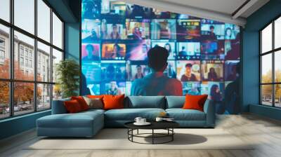 Man watching different tv displaying many streaming channels  Wall mural