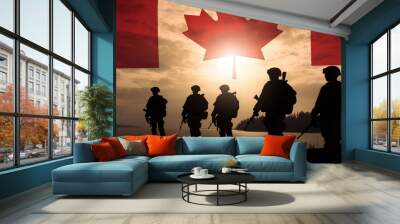 silhouette of Canadian army soldiers with Canadian flag background with sunset Wall mural