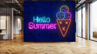 hello summer text and ice cream, colorful neon lights on dark brick wall background, 4k wallpaper Wall mural