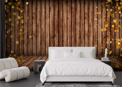 wooden wall and floor with golden glittering bokeh lights falling, product  empty background, new year autumn and christmas design element Wall mural