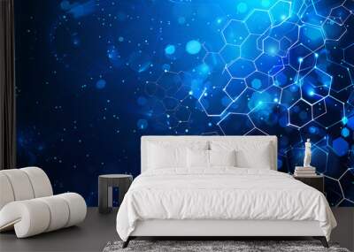 Abstract blue background with hexagon patterns and glowing lights for technology or science concept Wall mural