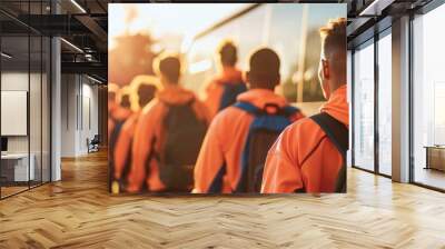 Football Team Boarding A Bus For An Away Game With Copy Space, Football Background Wall mural