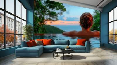 Woman In Infinity Pool At Sunset, Ocean View, Pure Tranquility Wall mural