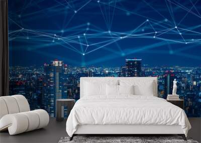 Smart city and wireless communication network concept with night city background Wall mural