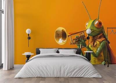 Grasshopper Musician Playing a Trumpet Against Orange Backdrop Wall mural