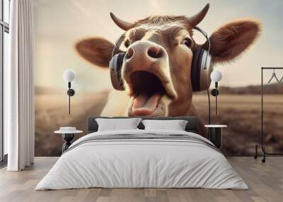 A cow listening to music with headphones on and really enjoying the music, Generative AI Wall mural