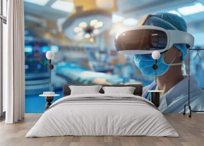 A professional doctor wearing virtual reality (VR) goggles and a protective suit in the operating room. The concept of innovative intelligence technology in a modern hospital.  Wall mural