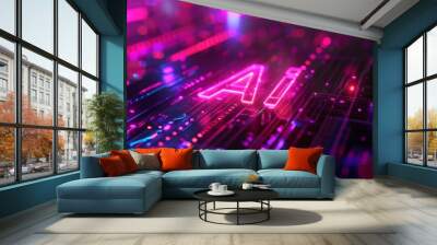 Abstract blurred neon glowing background with AI letters. Wall mural