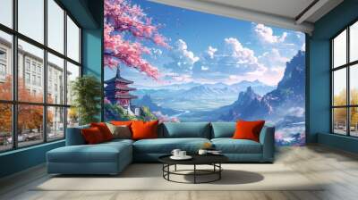 Anime background of a Japanese landscape with cherry blossoms, mountains, waterfalls and a sacred temple. Wall mural