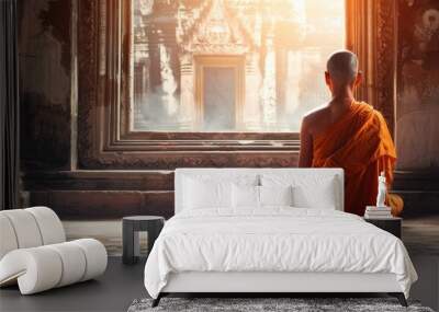 Buddhist monk meditating in a serene temple, practicing ancient rituals with respect. The concepts of Buddhism, meditation, tranquility, ancient rituals, reverence.	
 Wall mural