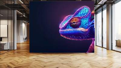 Close-up of a vibrant chameleon against a black background, showing its colourful scales and intricate patterns. Wall mural