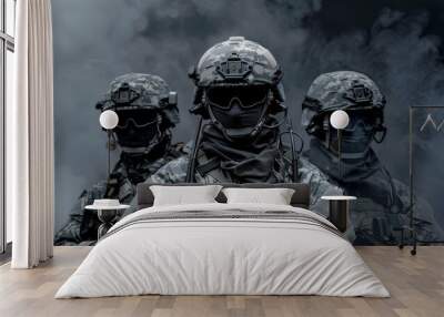 Elite unit, SWAT team prepared for high-risk operation in black tactical uniform. Wall mural