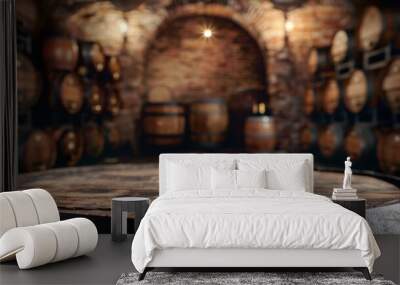 Empty wooden table top for product display, presentation stage. Wine cellar with barrels in the background. Wall mural