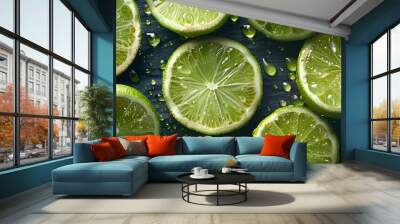 Fresh green limes with water droplets, highlighting the juicy and refreshing citrus fruits. Perfect for healthy recipes, summer drinks and natural food promotions. Wall mural