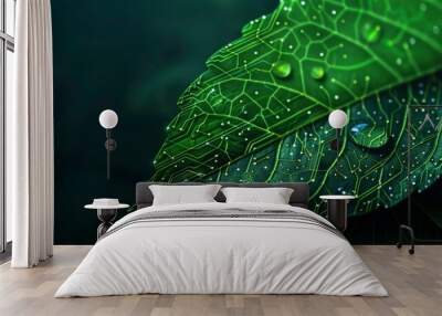 Leaf with vibrant green veins, made of circuit board patterns against a dark background, symbolizing the intersection of nature and technology in a sustainable future. Wall mural