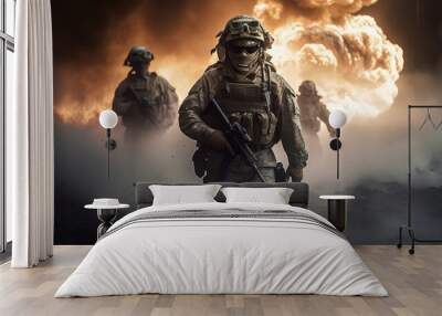 Military special forces soldiers crosses destroyed warzone, Generative AI Wall mural