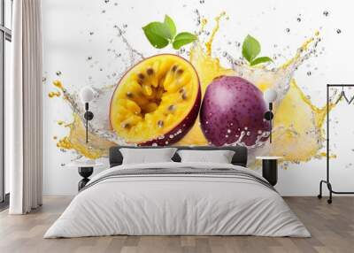 Passionfruit with water splash on white background, Generative AI Wall mural