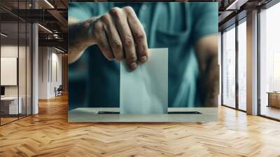 Person casting a vote in a ballot box, symbolizing democracy and civic duty. Wall mural