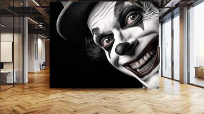 Portrait of a crazy clown with a scary face, showing the sadness behind the happy face. Wall mural