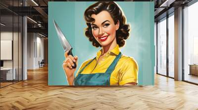 Pretty pin up young woman holding a knife. 50s style retro poster. Generative AI Wall mural