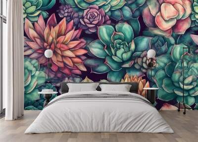 Seamless pattern with stone rose, cactus, succulent, Generative AI Wall mural