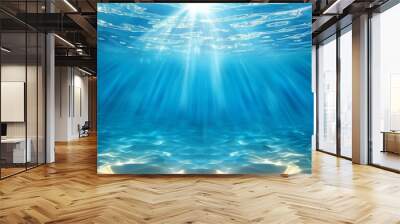 Serene underwater tropical ocean scene with sandy seabeds and summer sun rays. Wall mural