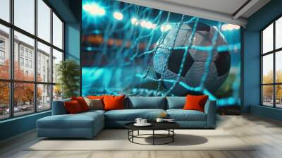 Soccer ball flying into the net, bending it powerfully against a backdrop of bright lights, capturing the excitement of the goal. Wall mural