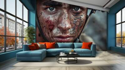 The emotional impact of war on a soldier's face, showcasing the untold stories and sacrifices made on the frontline. Wall mural