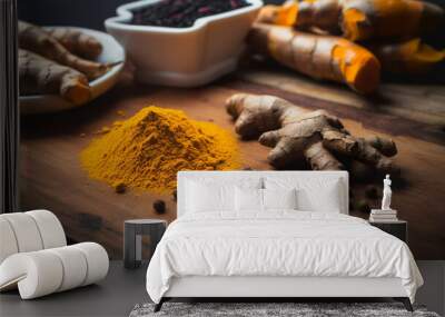 Turmeric powder,  fresh turmeric and black pepper on wooden backgroung, Generative AI Wall mural